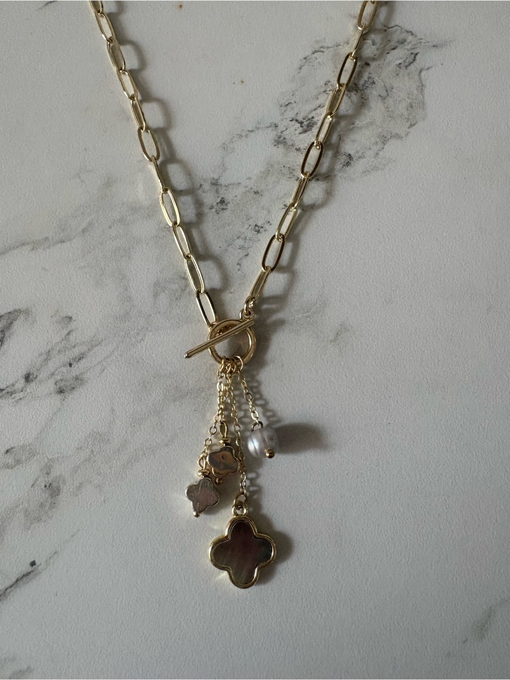 Panacea Cache Gold Link Necklace with Iridescent Clover and Pearl Charms - Picture 3 of 3
